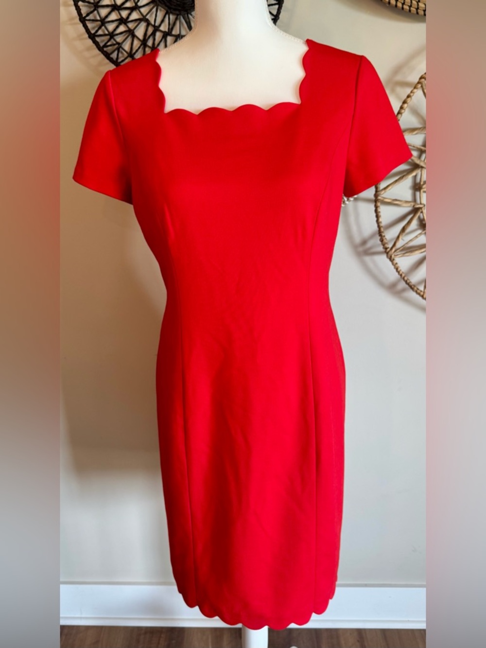 Talbots Red Scallop Trim Square Neck Sheath Dress Size 8P